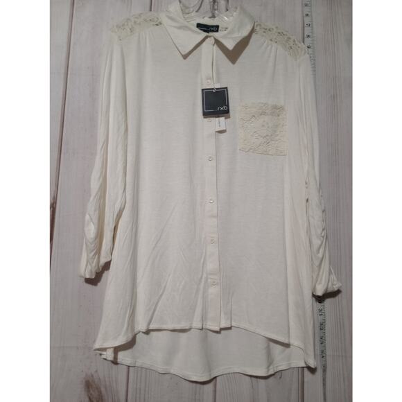 RXB‎ Blouse Womens Large Cream Lace Shoulder High Low Button Front Top NWT - Picture 1 of 8